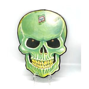 Vintage Peck USA Halloween Die Cut Green Skull Decoration Dbl Sided 13"x9.5"